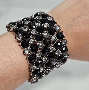 Rhinestones, Black, and Silver Bead Cuff Bracelet